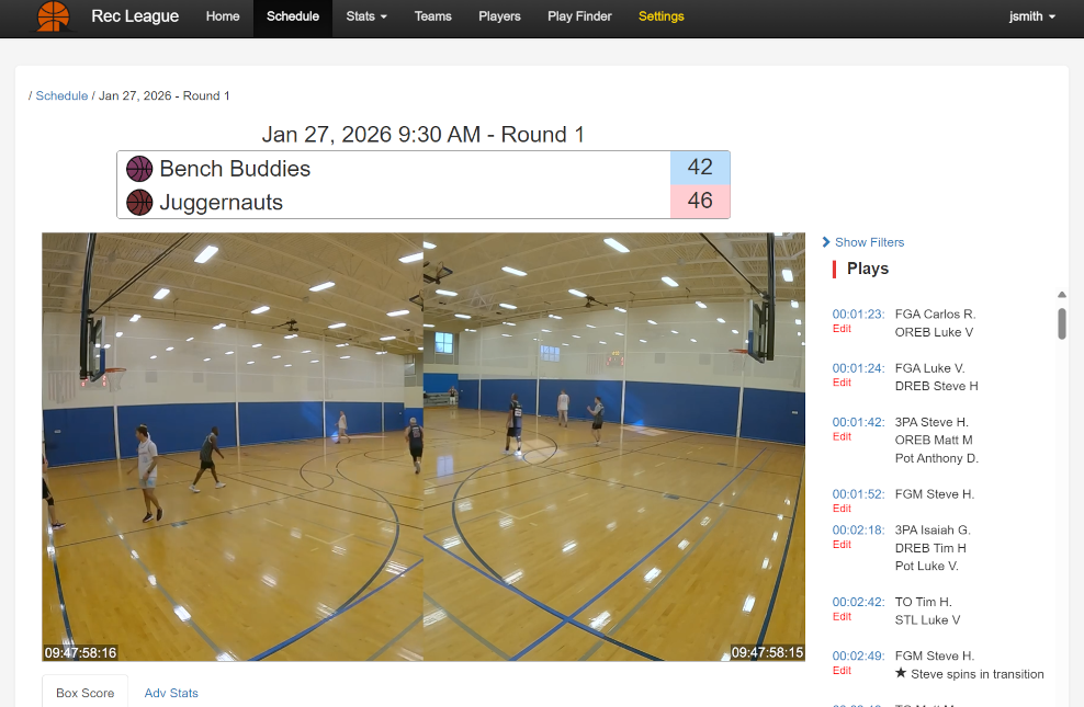 Basketball league play-by-play tracking